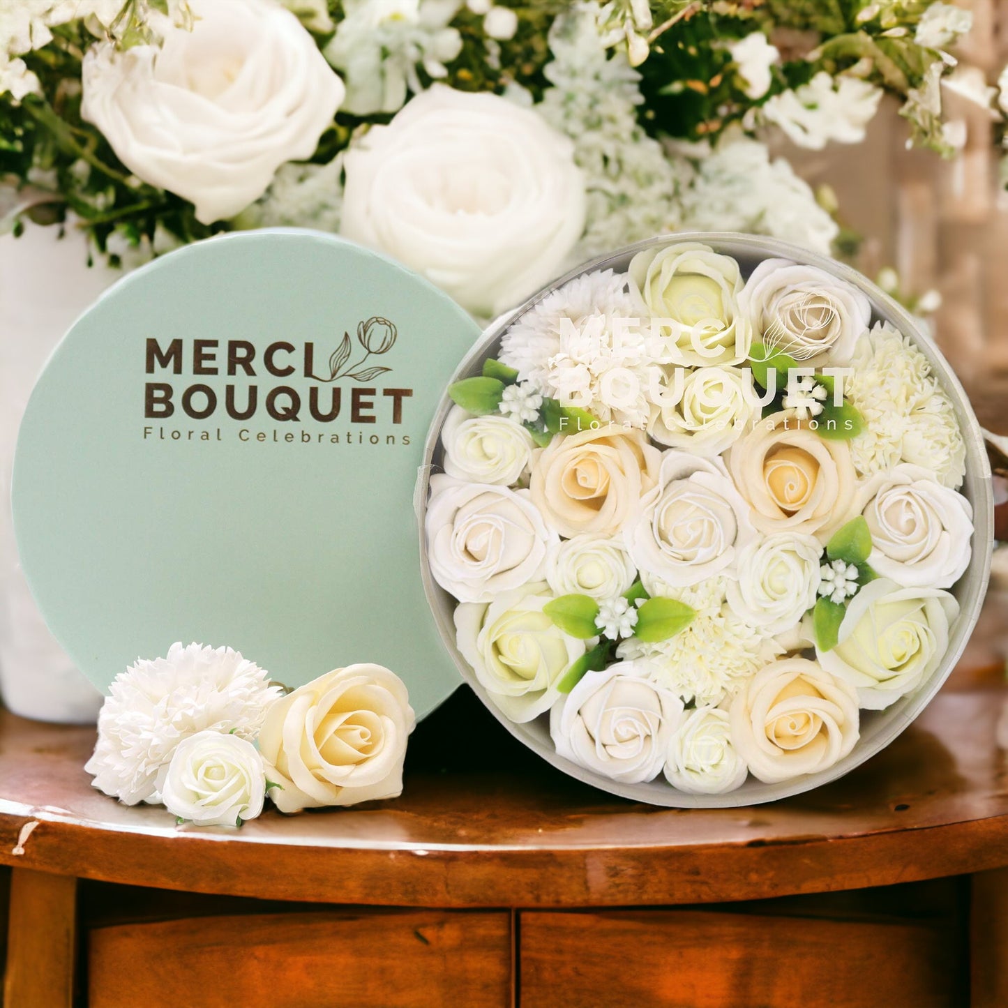 Luxury Soap Flower Bouquet Gift Box | White & Ivory Wedding Bath Gift - Crystal Nest