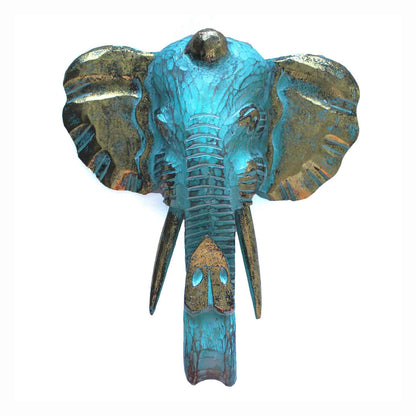 Large Wooden Hand-Carved Elephant Head | Gold & Turquoise - Crystal Nest