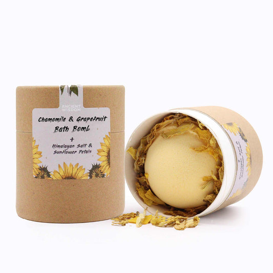 Sunflower Serenity Aromatherapy Gift Set | Chamomile & Grapefruit Bath Bomb, Himalayan Salt & Sunflower Petals - Crystal Nest
