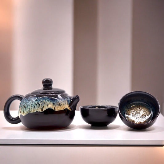 Japanese Artisan Black Glaze Herbal Teapot & Cup Set