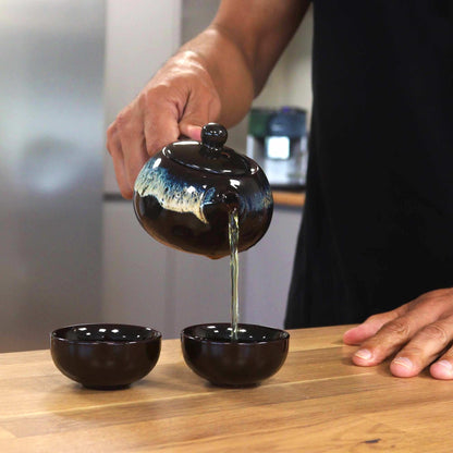 Japanese Artisan Black Glaze Herbal Teapot & Cup Set