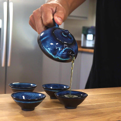 Japanese Artisan Blue Glaze Herbal Teapot & Cup Set