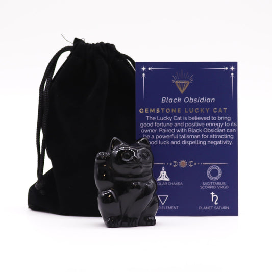 Black Obsidian Lucky Cat | Protection & Good Luck Crystal Talisman - Crystal Nest