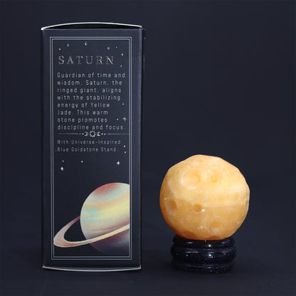 Yellow Jade Planet on Goldstone Stand - Saturn - Crystal Nest