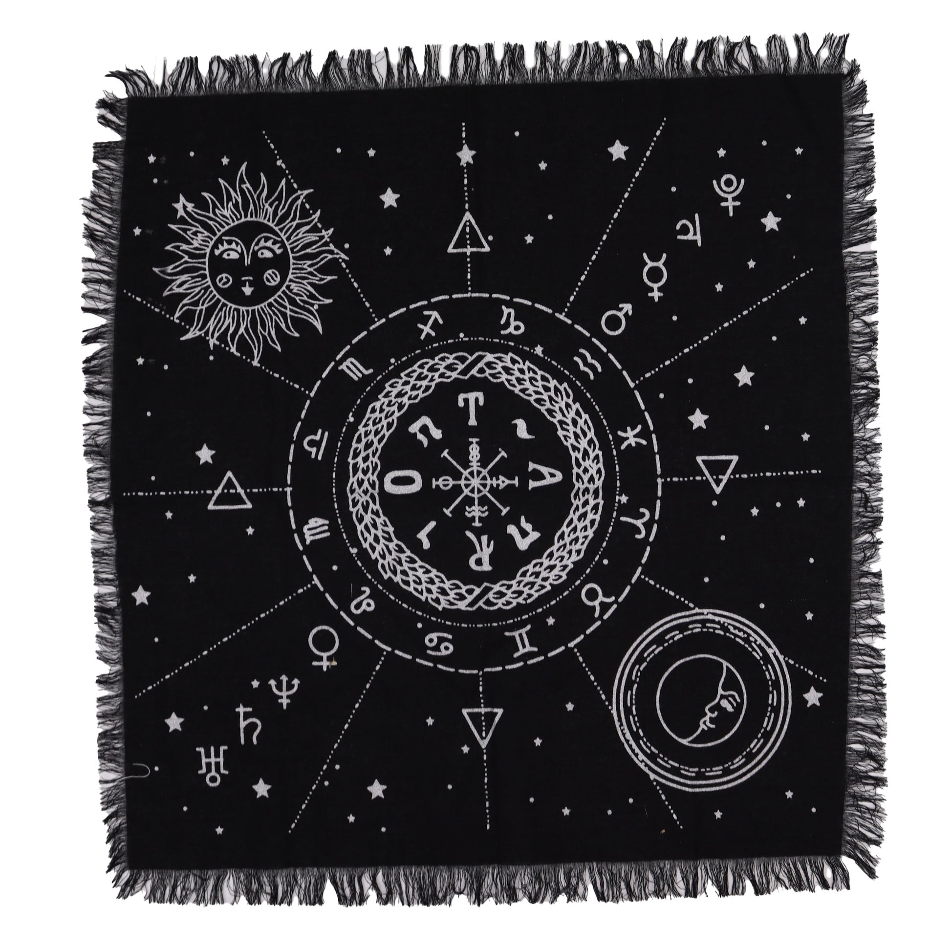 Moon & Sun Chart Altar Cloth | Esoteric Fringed Cotton Tapestry - Crystal Nest