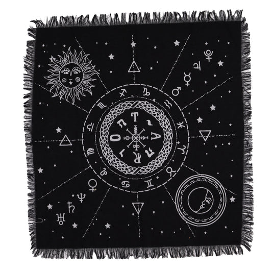 Moon & Sun Chart Altar Cloth | Esoteric Fringed Cotton Tapestry - Crystal Nest