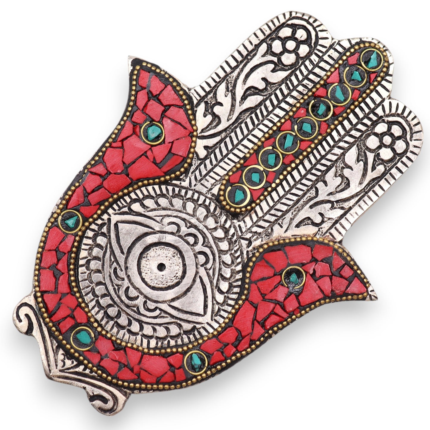 Antique Silver Hamsa Hand Incense Holder with Red & Green Mosaic - Crystal Nest