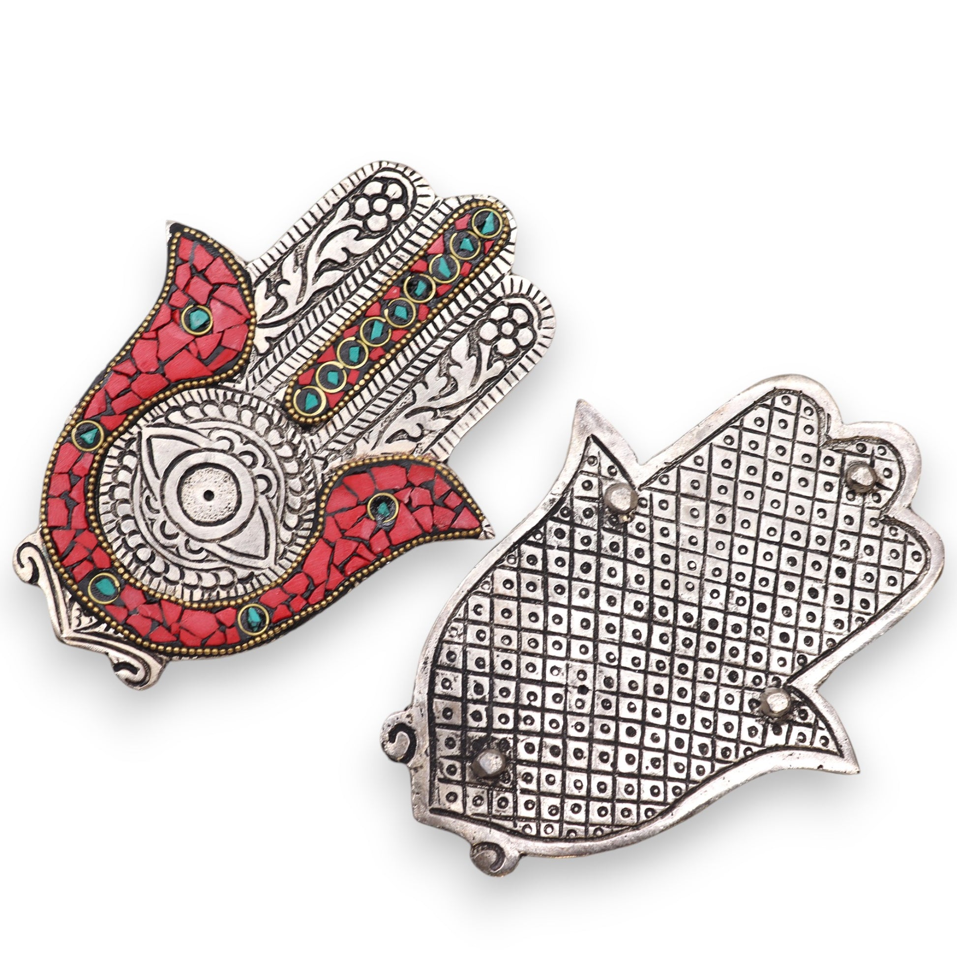 Antique Silver Hamsa Hand Incense Holder with Red & Green Mosaic - Crystal Nest