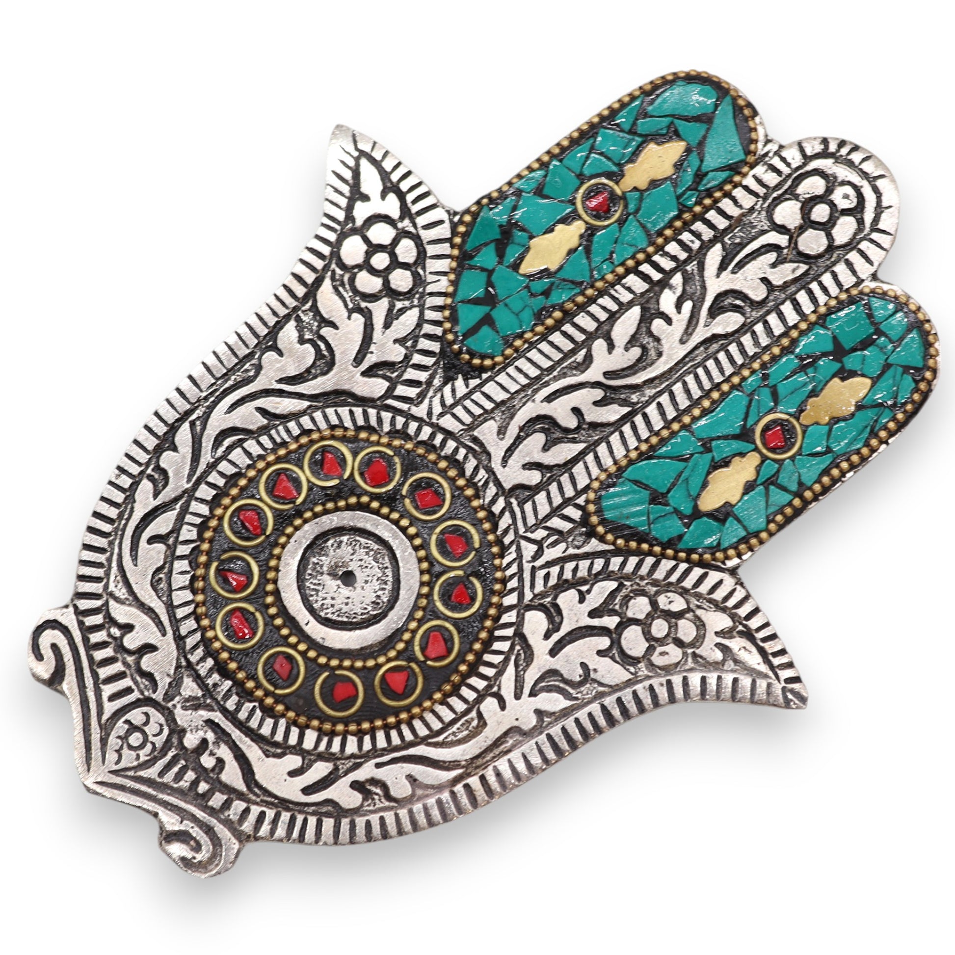 Antique Silver Hamsa Hand Incense Holder with Green & Red Mosaic - Crystal Nest