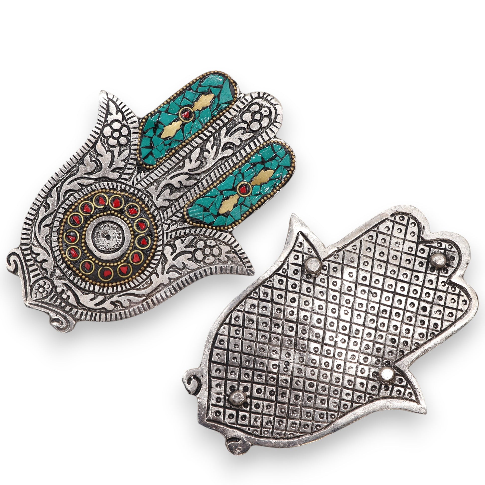 Antique Silver Hamsa Hand Incense Holder with Green & Red Mosaic - Crystal Nest