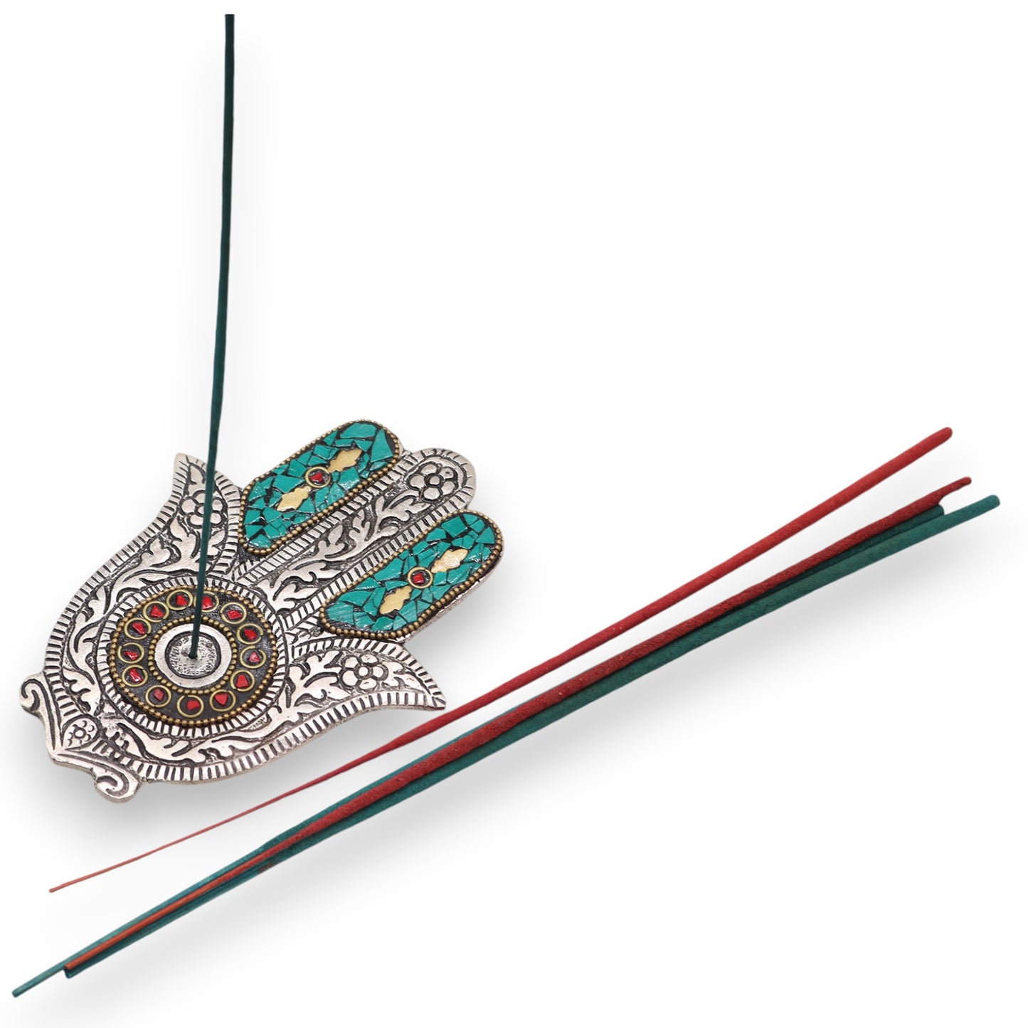 Antique Silver Hamsa Hand Incense Holder with Green & Red Mosaic - Crystal Nest