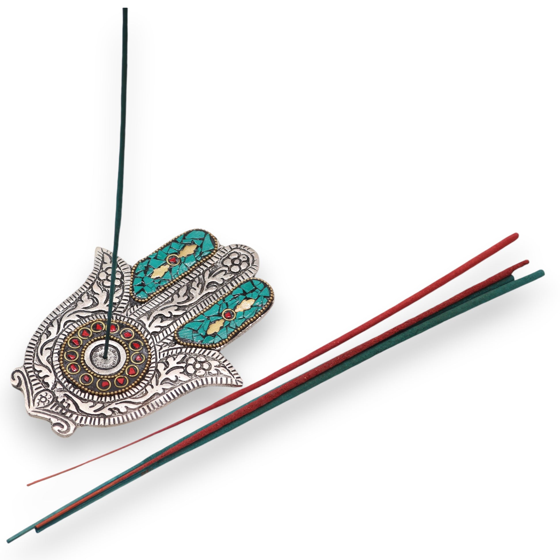 Antique Silver Hamsa Hand Incense Holder with Green & Red Mosaic - Crystal Nest