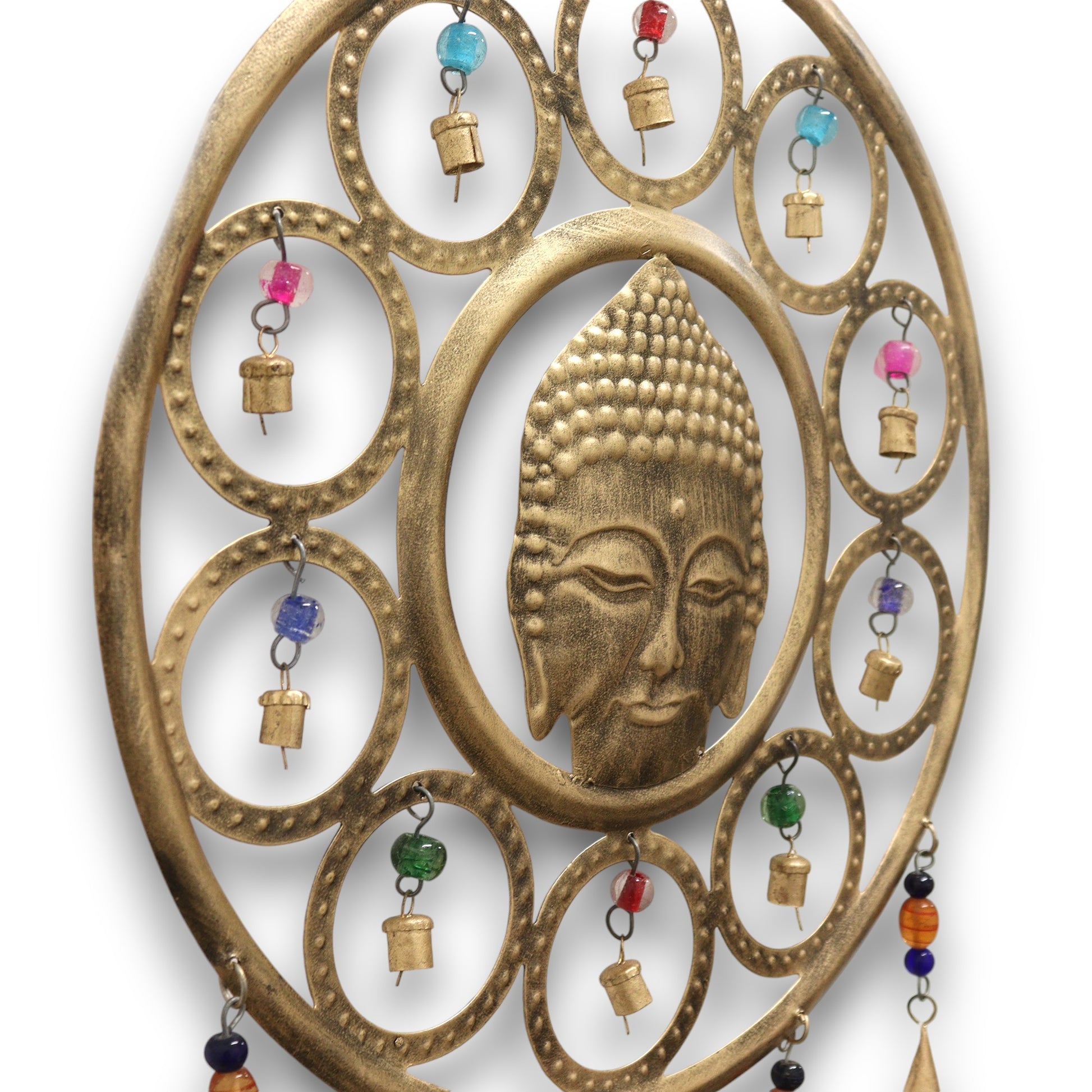 Large Brass 15 Bell Buddha Face Wind Chime | 36cm - Crystal Nest