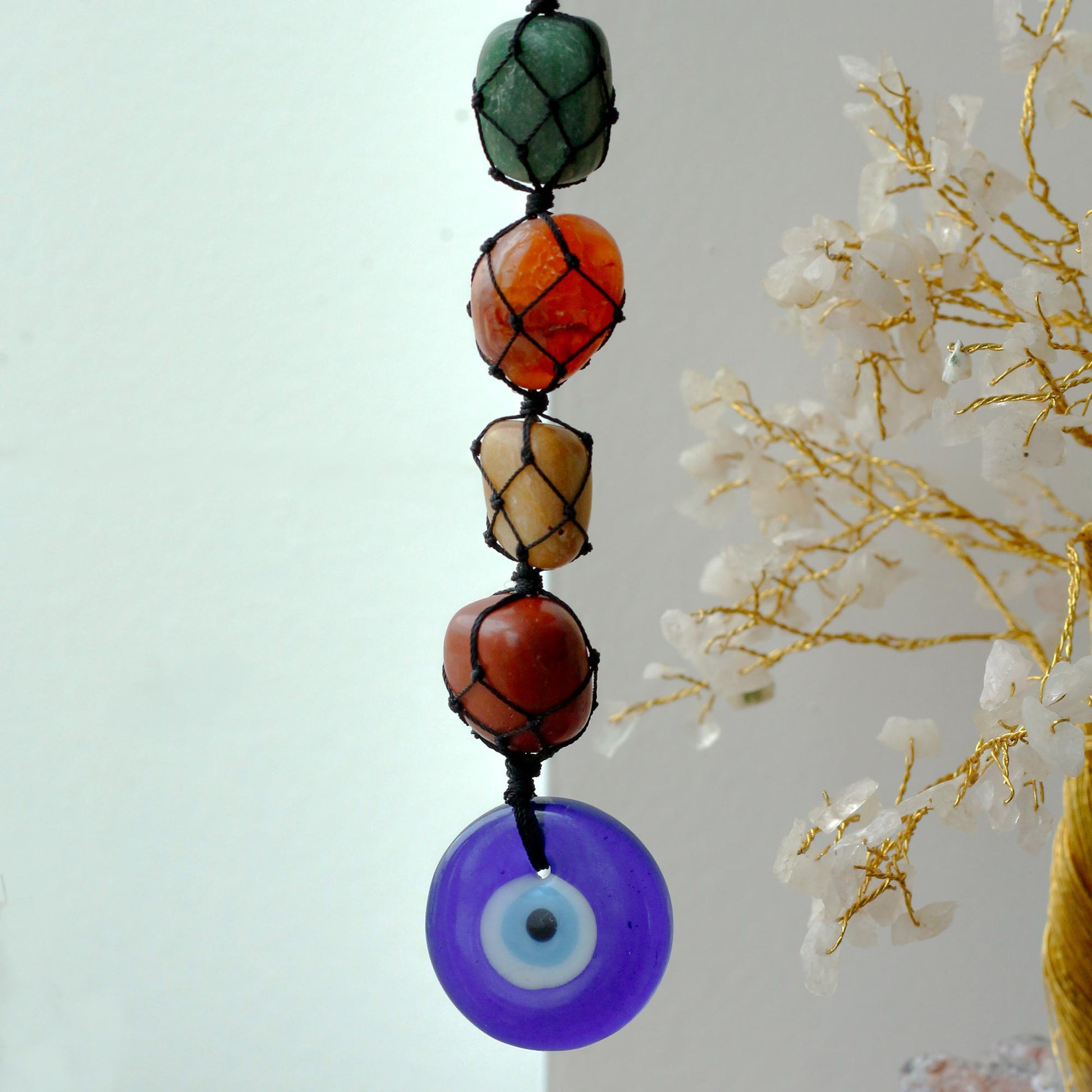 7 Chakra Gemstone and Evil Eye Hanging Pendant | Protection & Energy Balance - Crystal Nest