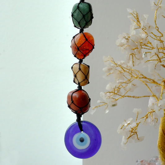 7 Chakra Gemstone and Evil Eye Hanging Pendant | Protection & Energy Balance - Crystal Nest