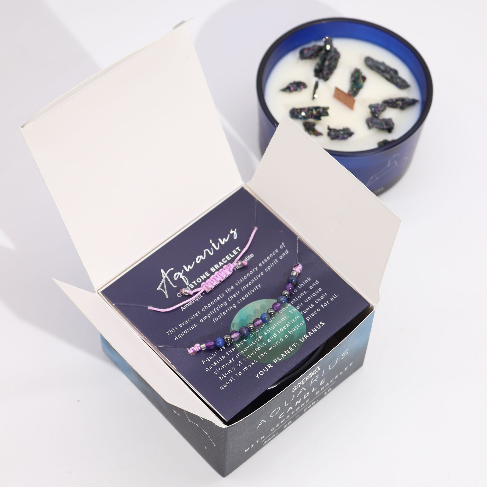 Aquarius Zodiac Crystal Candle with Gemstone Bracelet - Crystal Nest