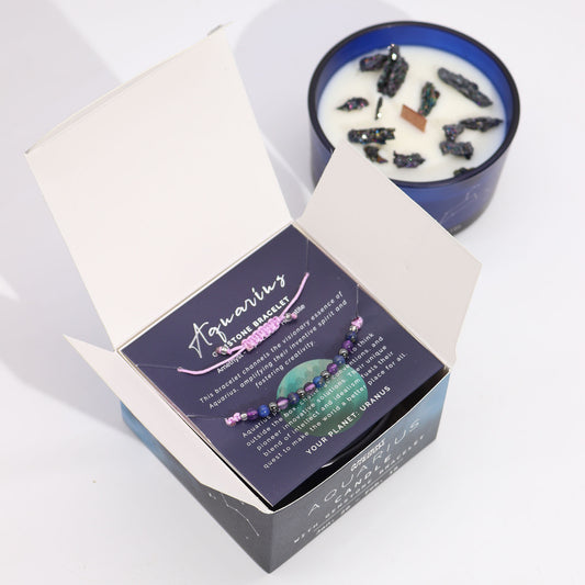 Aquarius Zodiac Crystal Candle with Gemstone Bracelet - Crystal Nest