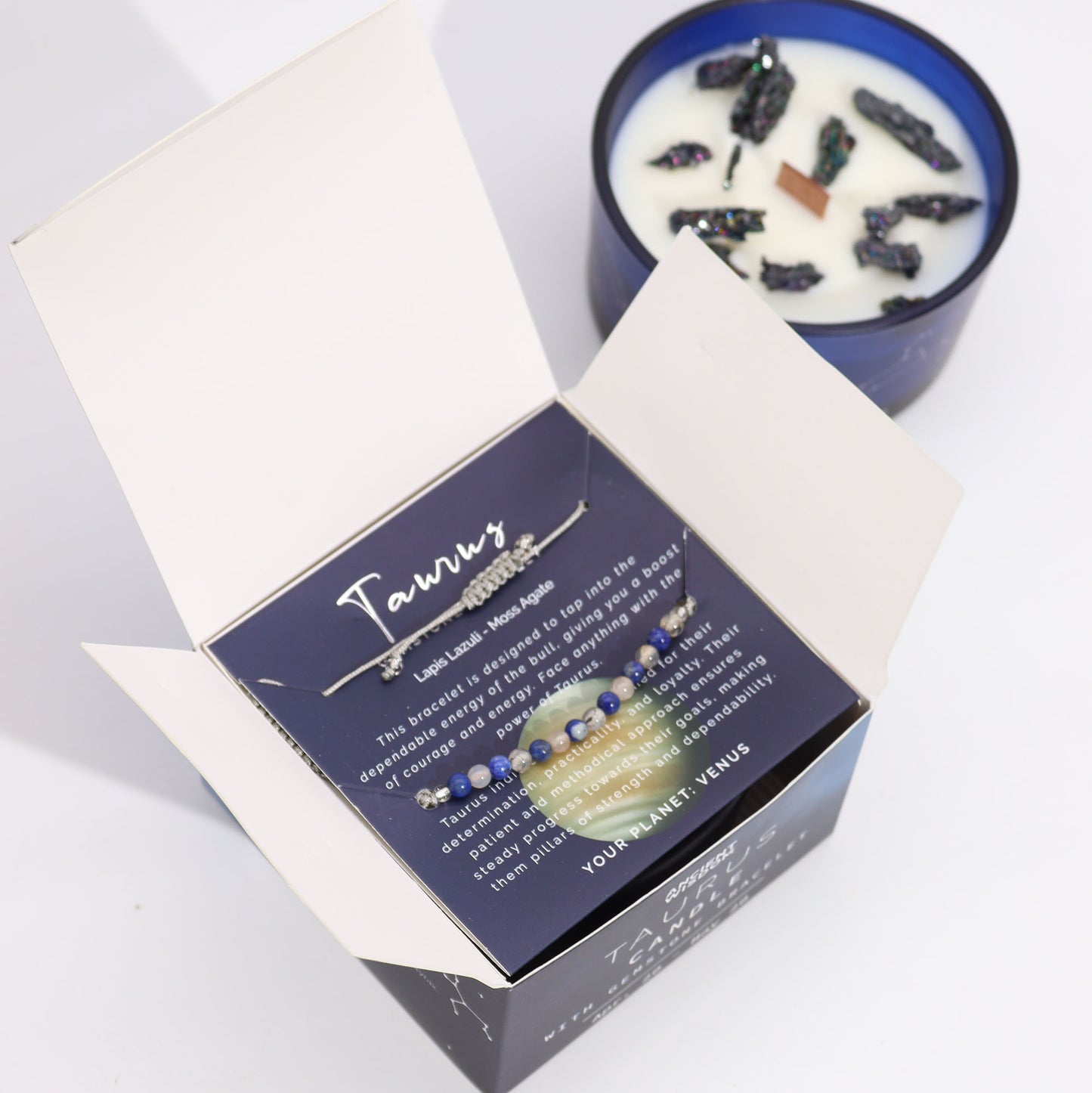 Taurus Zodiac Crystal Candle with Gemstone Bracelet - Crystal Nest