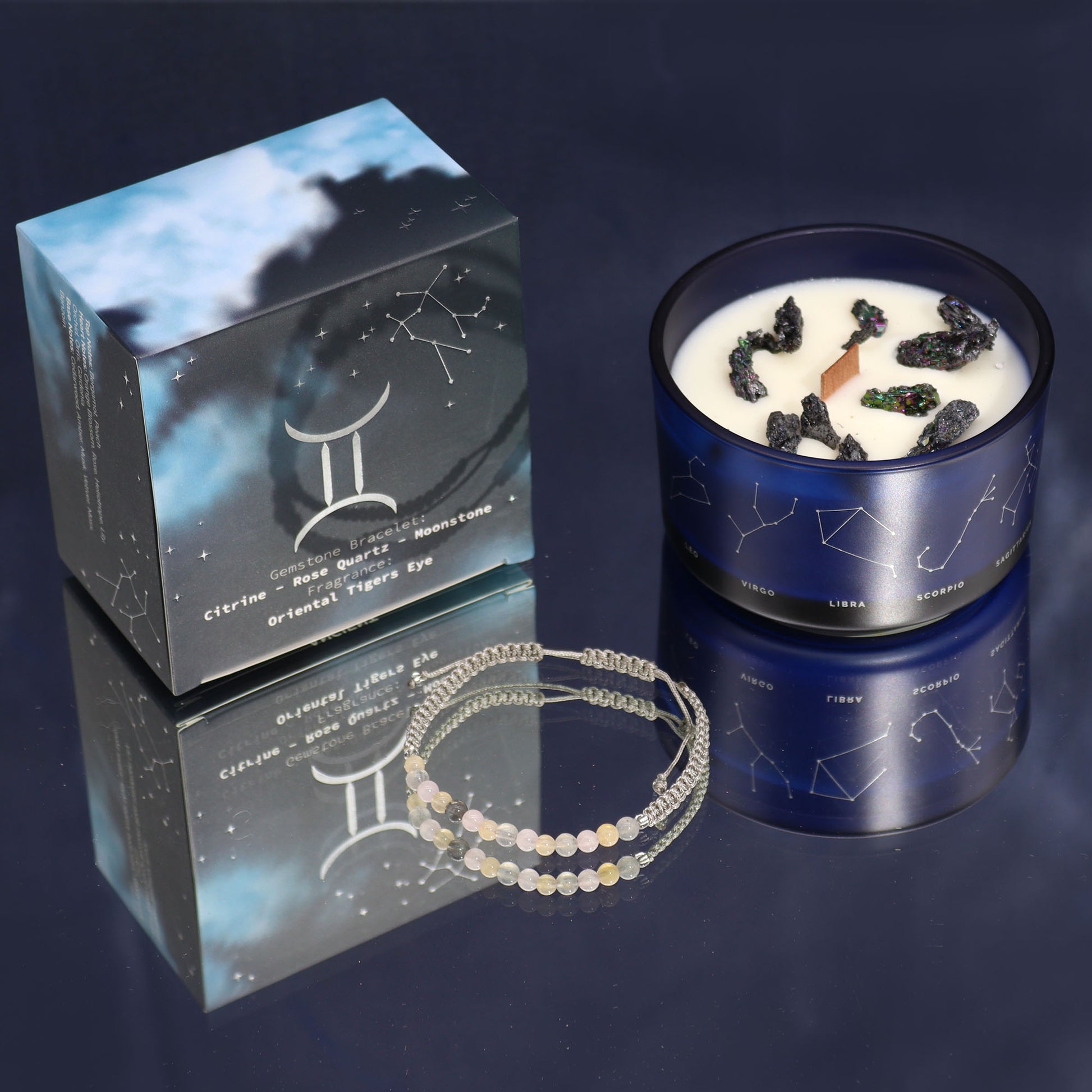 Gemini Zodiac Crystal Candle with Gemstone Bracelet - Crystal Nest