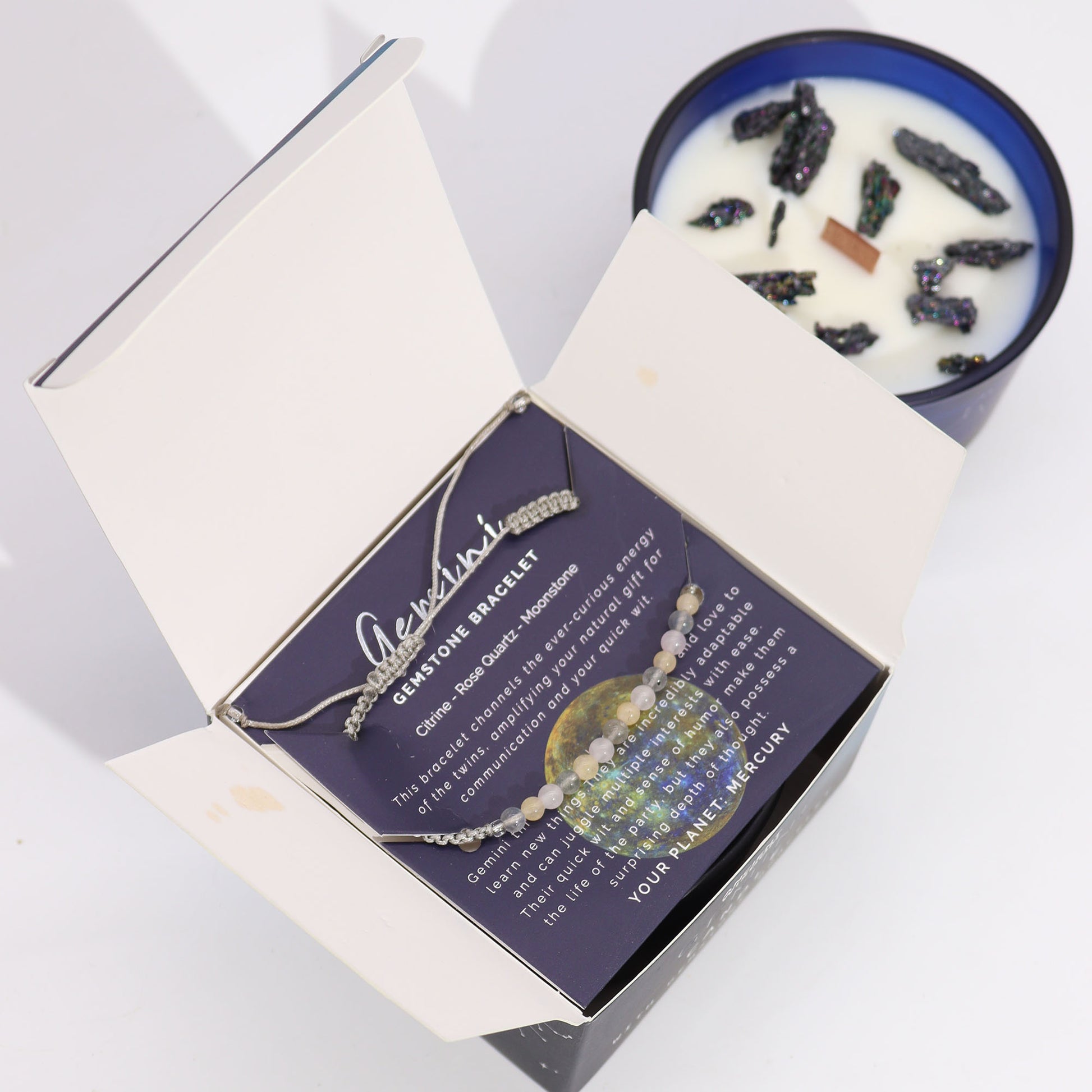 Gemini Zodiac Crystal Candle with Gemstone Bracelet - Crystal Nest