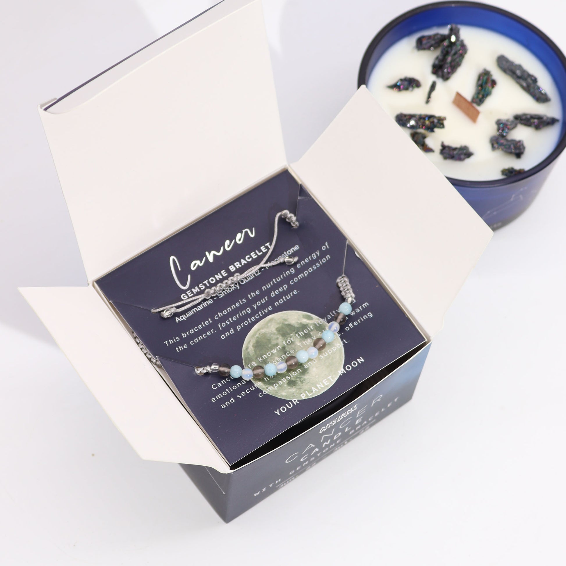 Cancer Zodiac Crystal Candle with Gemstone Bracelet - Crystal Nest