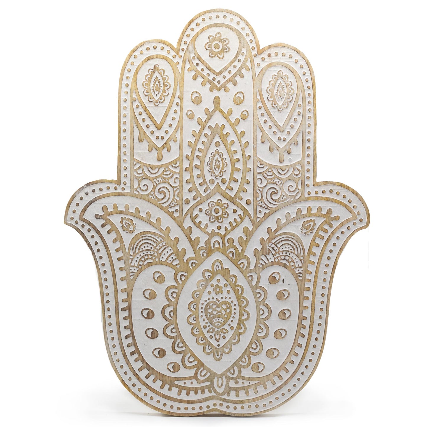 Whitewashed Mango Wood Hamsa Wall Plaque