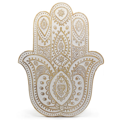 Whitewashed Mango Wood Hamsa Wall Plaque