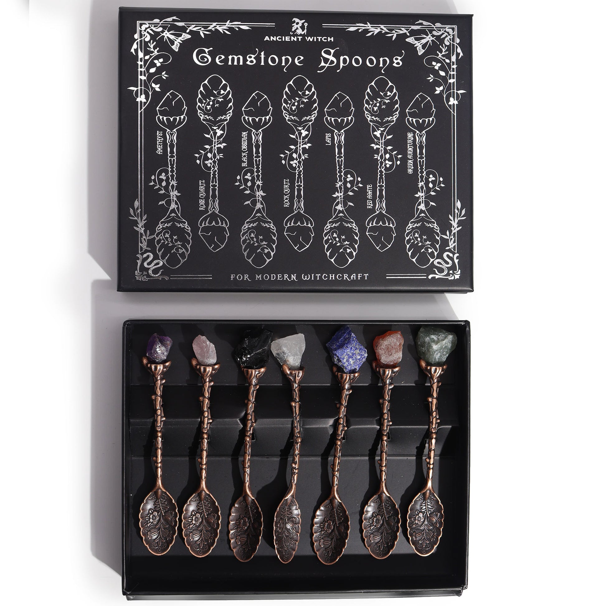 Antique Bronze Gemstone Crystal Spoons - Set of 7 - Crystal Nest
