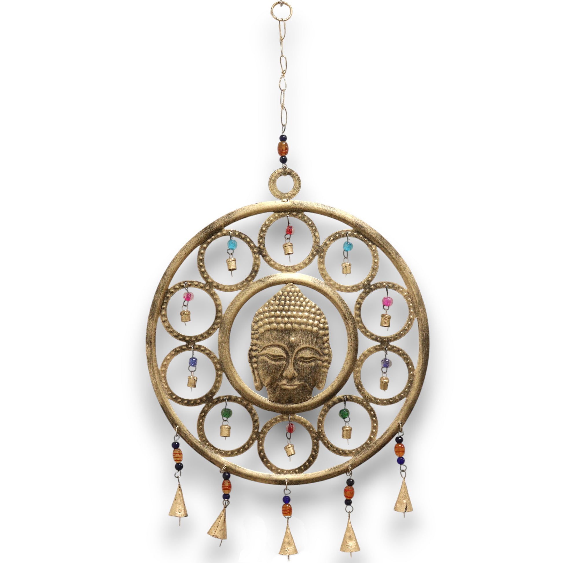 Large Brass 15 Bell Buddha Face Wind Chime | 36cm - Crystal Nest