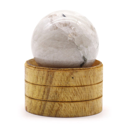 Indian Moonstone Crystal Sphere with Wooden Stand
