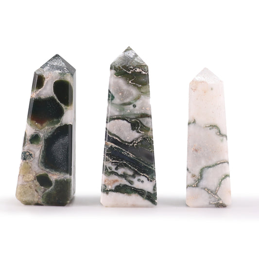 Moss Agate Obelisk Points | Growth & Healing Crystal Towers | Set of 3 - Crystal Nest