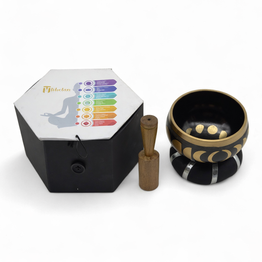 Moon Phase Tibetan Singing Bowl Set | Black & Brass Meditation Sound Bowl - Crystal Nest
