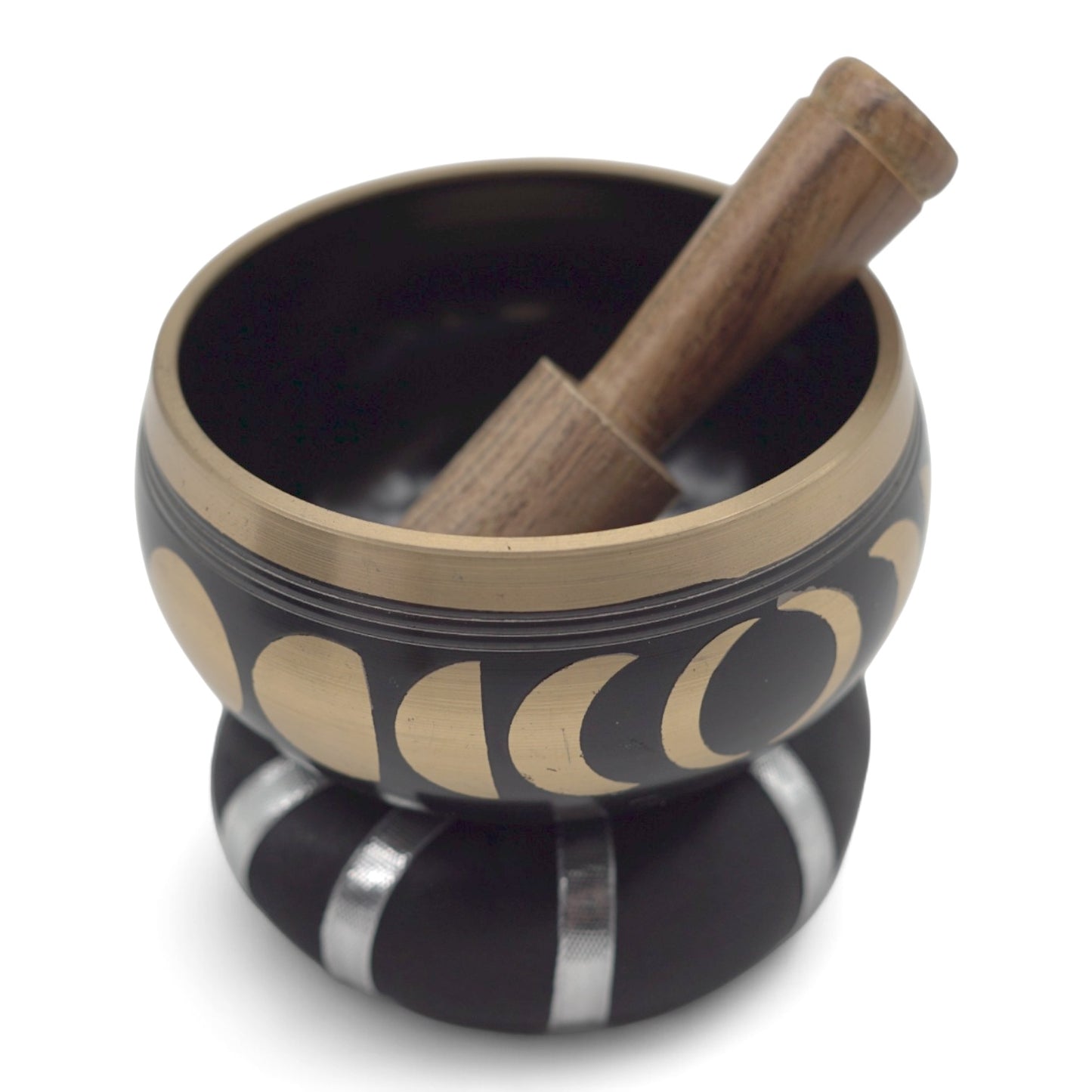 Moon Phase Tibetan Singing Bowl Set | Black & Brass Meditation Sound Bowl - Crystal Nest
