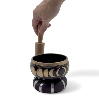 Moon Phase Tibetan Singing Bowl Set | Black & Brass Meditation Sound Bowl - Crystal Nest