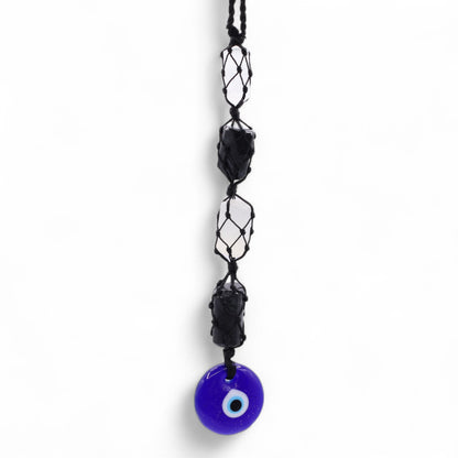 Black Tourmaline & Selenite Evil Eye Hanging Charm | Protection & Cleansing Energy - Crystal Nest