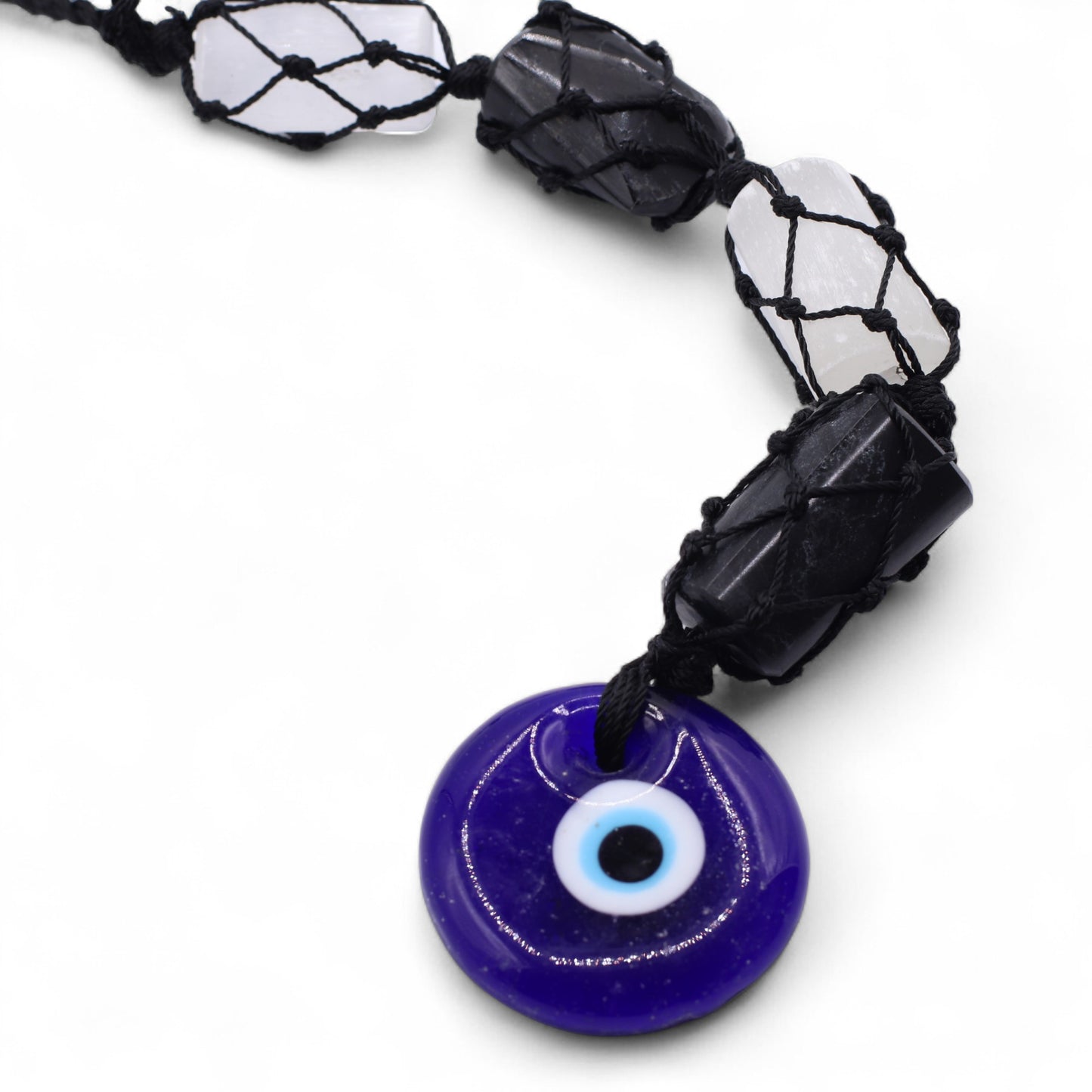Black Tourmaline & Selenite Evil Eye Hanging Charm | Protection & Cleansing Energy - Crystal Nest
