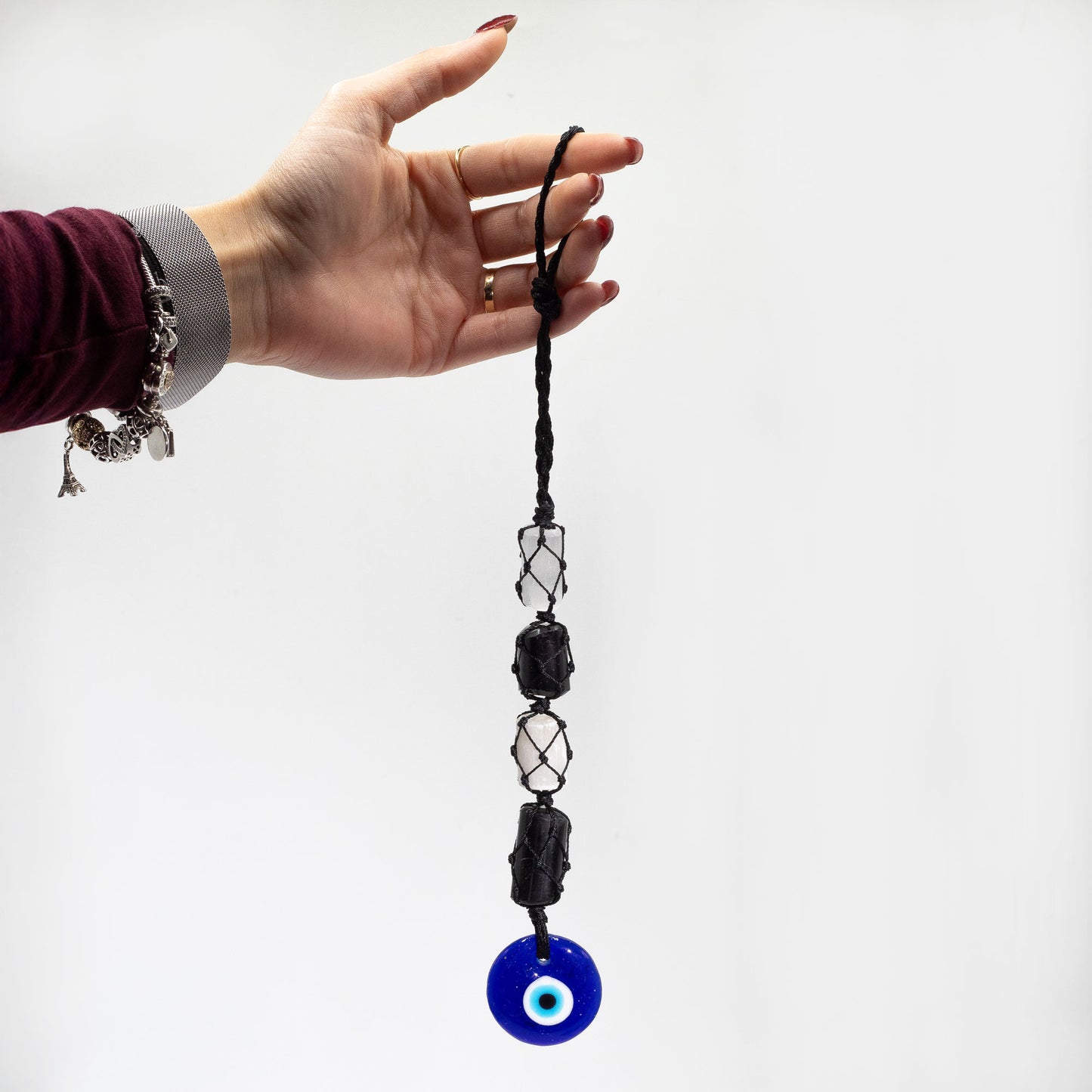 Black Tourmaline & Selenite Evil Eye Hanging Charm | Protection & Cleansing Energy - Crystal Nest