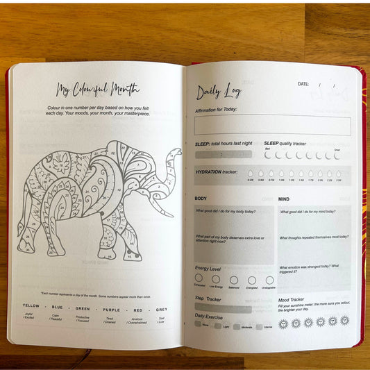 Guided Wellbeing Journal | Red Mandala Edition | Daily Self-Care & Holistic Habit Tracker - Crystal Nest
