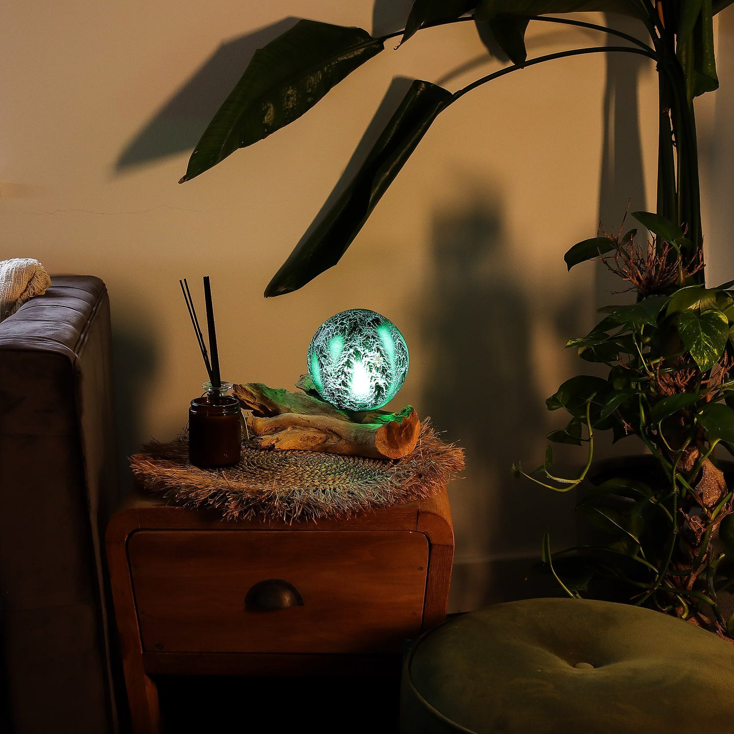 Emerald Glow Orb Lamp | Crackle Glass Sphere on Driftwood Base - Crystal Nest