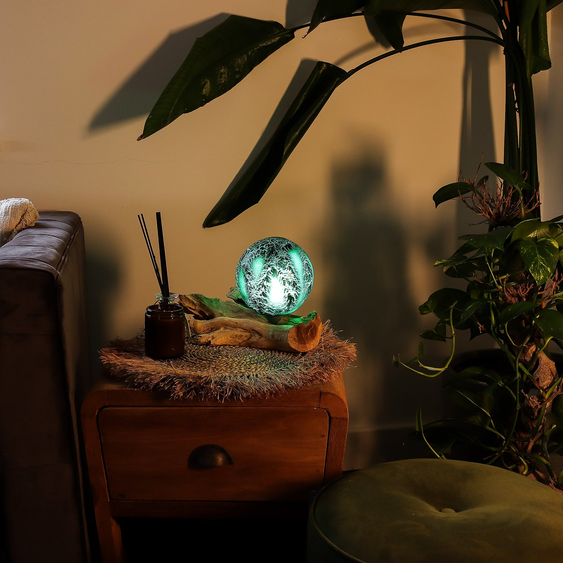 Emerald Glow Orb Lamp | Crackle Glass Sphere on Driftwood Base - Crystal Nest