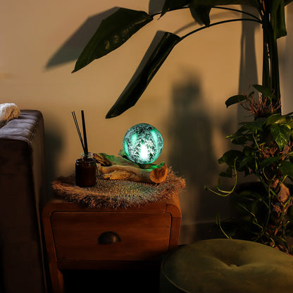 Emerald Glow Orb Lamp | Crackle Glass Sphere on Driftwood Base - Crystal Nest