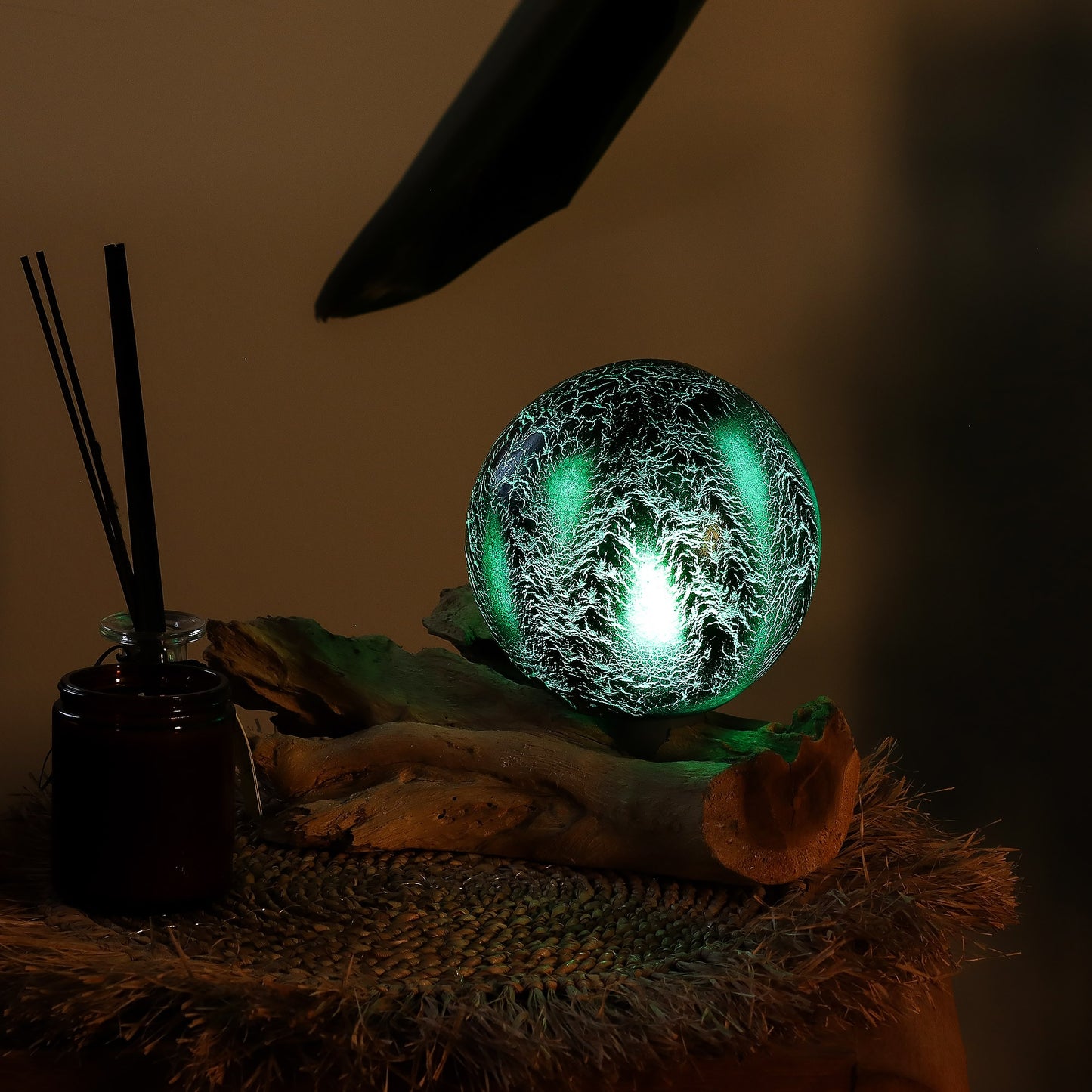 Emerald Glow Orb Lamp | Crackle Glass Sphere on Driftwood Base - Crystal Nest
