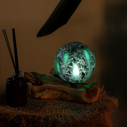 Emerald Glow Orb Lamp | Crackle Glass Sphere on Driftwood Base - Crystal Nest