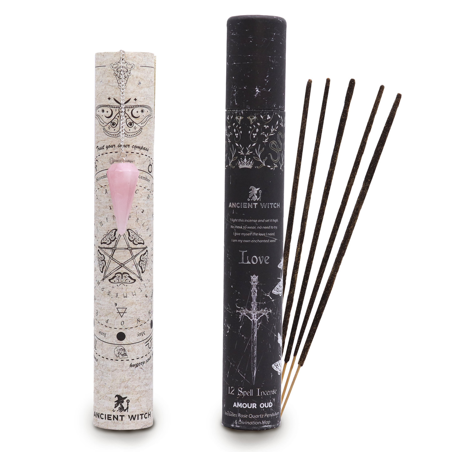 Ancient Witch Love Spell Incense | Oud with Rose Quartz Pendulum & Divination Map