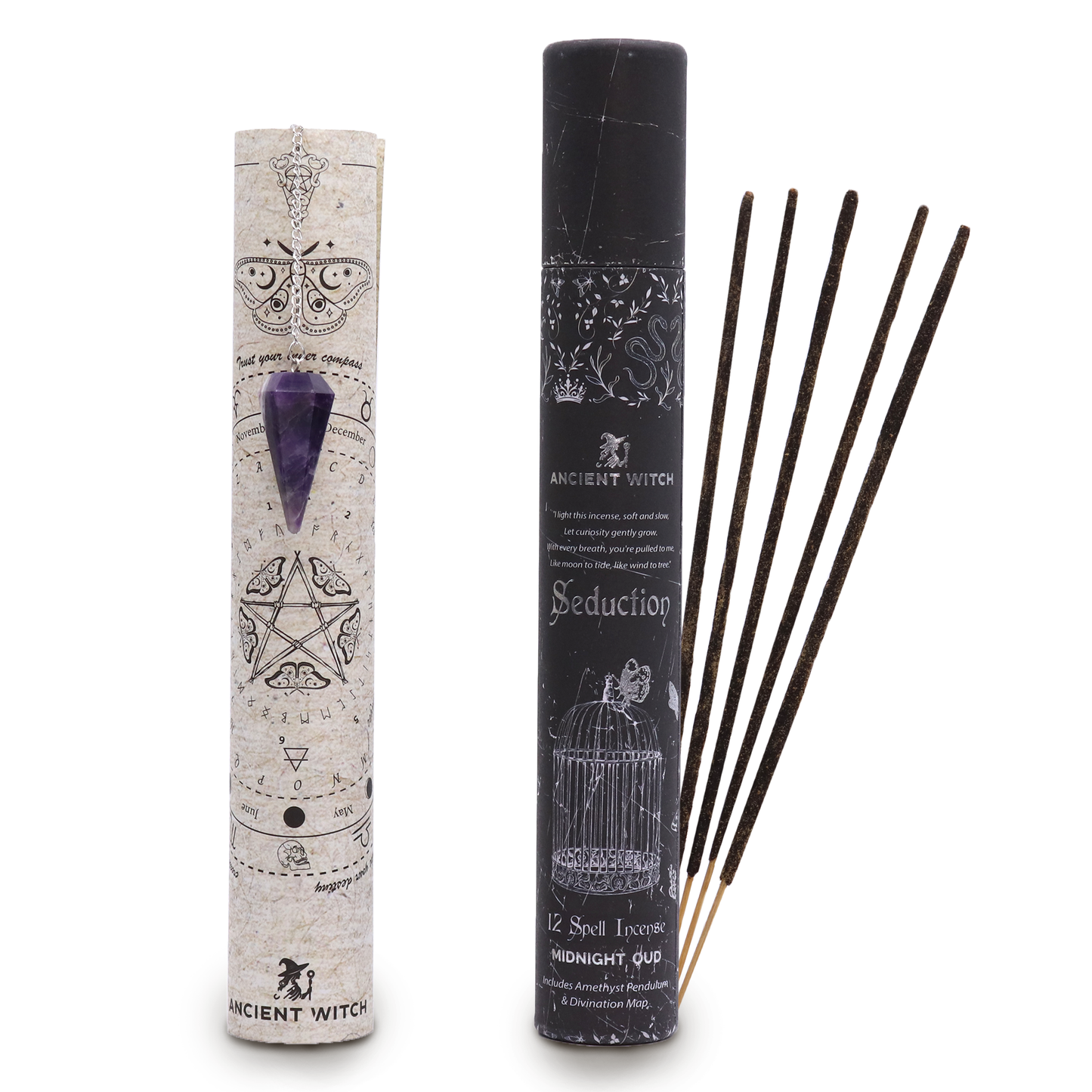 Ancient Witch Seduction Spell Incense | Oud with Amethyst Pendulum & Divination Map