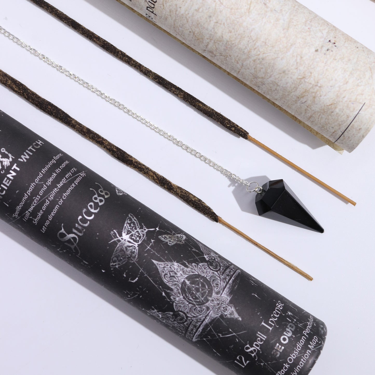 Ancient Witch Success Spell Incense | Oud with Black Obsidian Pendulum & Divination Map