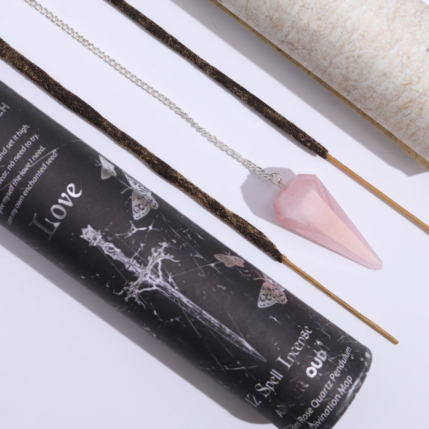 Ancient Witch Love Spell Incense | Oud with Rose Quartz Pendulum & Divination Map