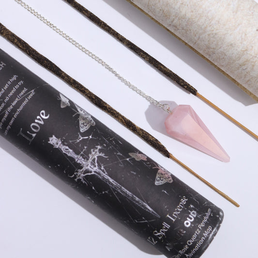 Ancient Witch Love Spell Incense | Oud with Rose Quartz Pendulum & Divination Map