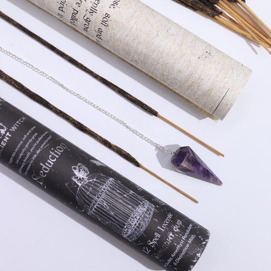 Ancient Witch Seduction Spell Incense | Oud with Amethyst Pendulum & Divination Map