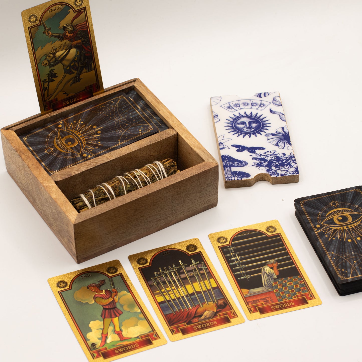 Two Section Tarot Storage & Reading Box | Triple Moon Wooden Ritual Box with Card Holder